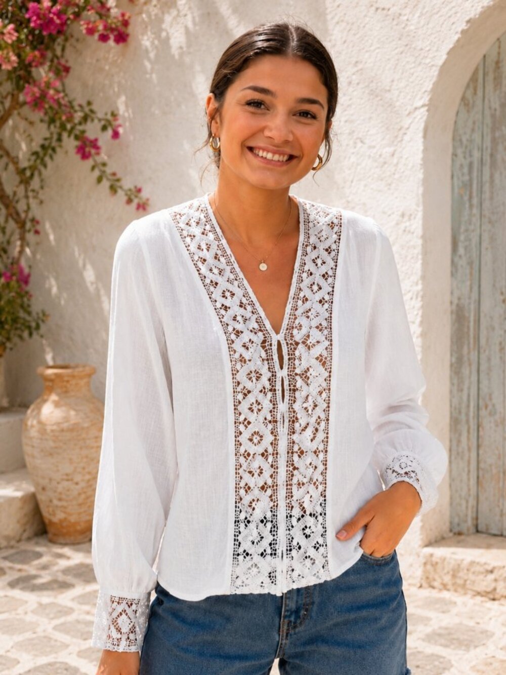 NWT Cupshe White Boho Lace Blouse Size L Long Sleeve Button Front Top